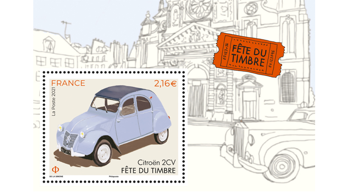 Représentation d'un timbre français à 2,16 euros avec l'illustration d'une voiture 2 CV avec fond un cathédrale crayonnée