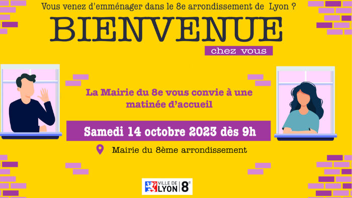 affiche jaune La Mairie du 8ème vous convie à une matinée d'accueil le samedi 14 octobre de 9h à 12  à la mairie du 8ème arrondissement 