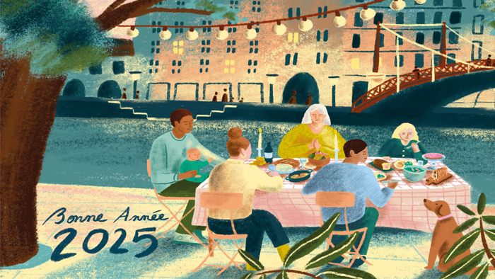 illustration des quais de Lyon avec en premier plan 6 personnages et un chien en train de manger autour d'une table. Il est inscrit Bonne année 2025. 