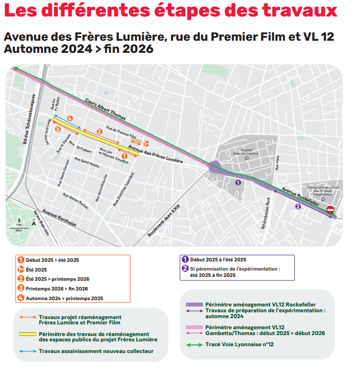 Plan avec les différentes étapes de travaux de l'avenue des Frères Lumière