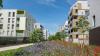 Vue du quartier Mermoz Nors avec au premier plan une prairie fleurie et au second plan des immeubles d'habitation neufs